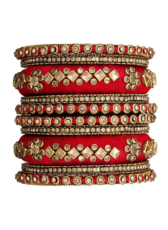 Aheli - Matching Floral Velvet Kundan Silk Thread Chuda Chura Bangle Set Indian Traditional Bridal Fashion Jewelry For Women Girls (Size 2.6) - Image 1