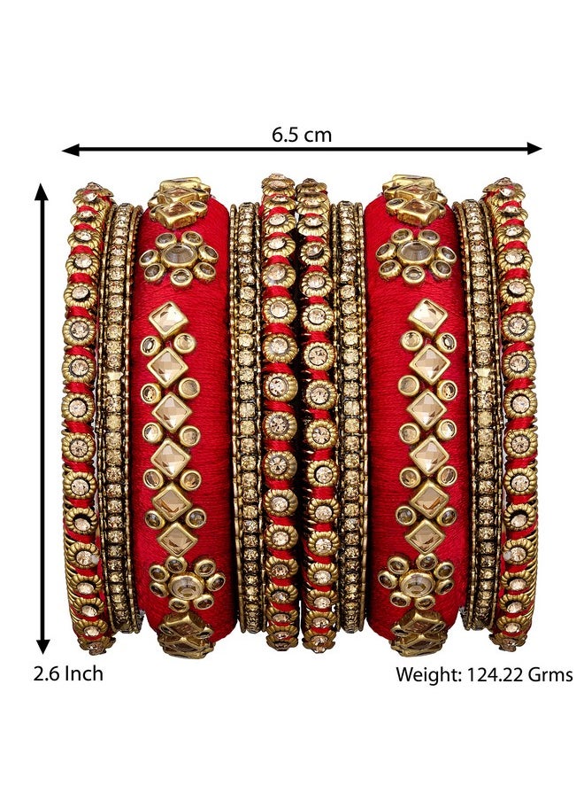 Aheli - Matching Floral Velvet Kundan Silk Thread Chuda Chura Bangle Set Indian Traditional Bridal Fashion Jewelry For Women Girls (Size 2.6) - Image 1