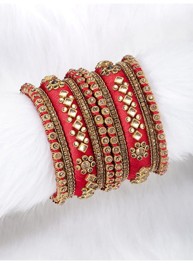 Aheli - Matching Floral Velvet Kundan Silk Thread Chuda Chura Bangle Set Indian Traditional Bridal Fashion Jewelry For Women Girls (Size 2.6) - Image 1