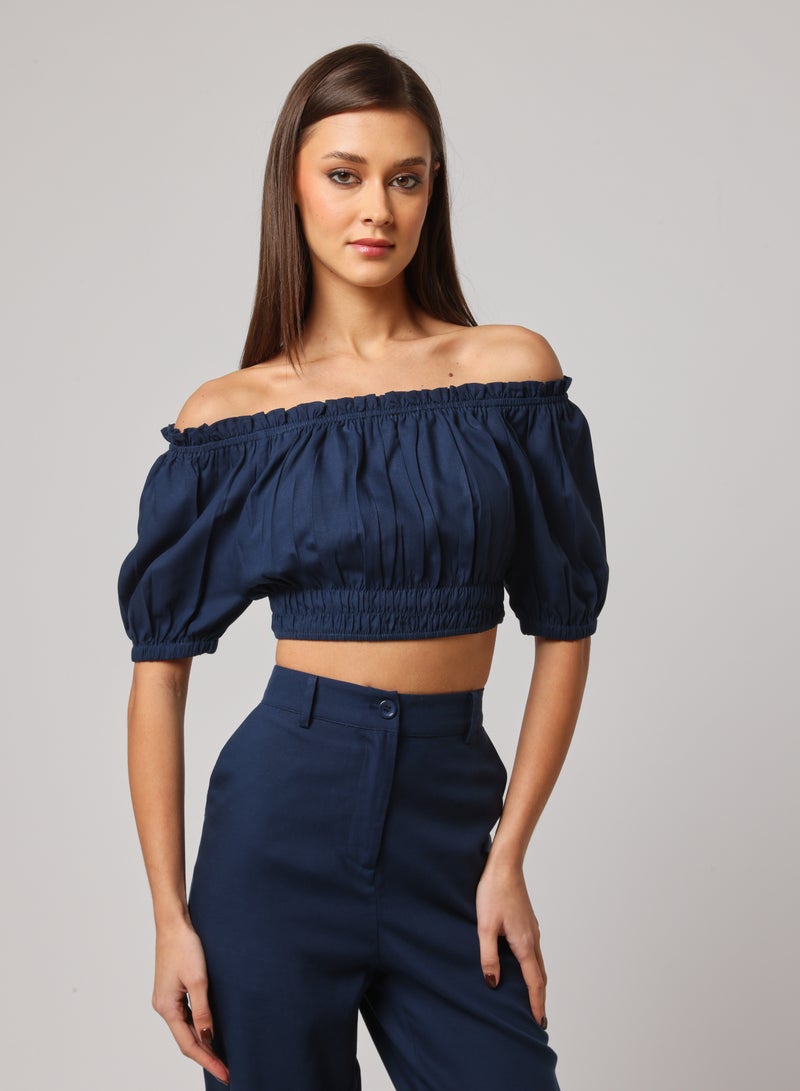 Ashita Fernandes Ashita Fernandes Umang Top for Women – Off-Shoulder Cropped Style with Smocked Bodice & Puff Sleeves | Lightweight Linen-Lyocell Blend in Deep Navy Blue | Effortless Resort & Everyday Chic  - Image 1