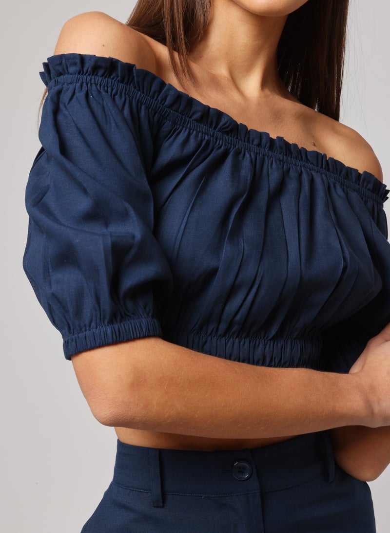Ashita Fernandes Ashita Fernandes Umang Top for Women – Off-Shoulder Cropped Style with Smocked Bodice & Puff Sleeves | Lightweight Linen-Lyocell Blend in Deep Navy Blue | Effortless Resort & Everyday Chic  - Image 3