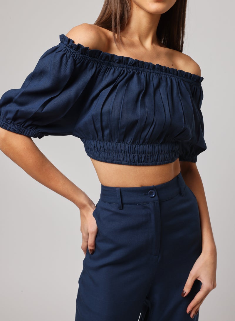 Ashita Fernandes Ashita Fernandes Umang Top for Women – Off-Shoulder Cropped Style with Smocked Bodice & Puff Sleeves | Lightweight Linen-Lyocell Blend in Deep Navy Blue | Effortless Resort & Everyday Chic  - Image 4