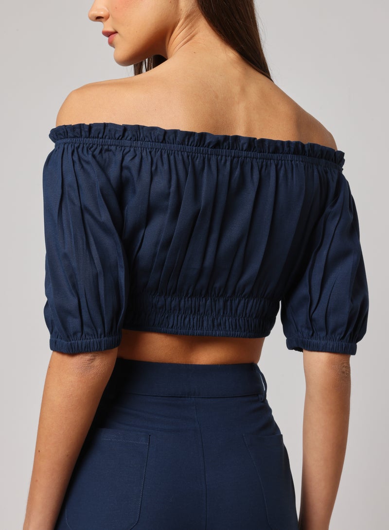 Ashita Fernandes Ashita Fernandes Umang Top for Women – Off-Shoulder Cropped Style with Smocked Bodice & Puff Sleeves | Lightweight Linen-Lyocell Blend in Deep Navy Blue | Effortless Resort & Everyday Chic  - Image 2