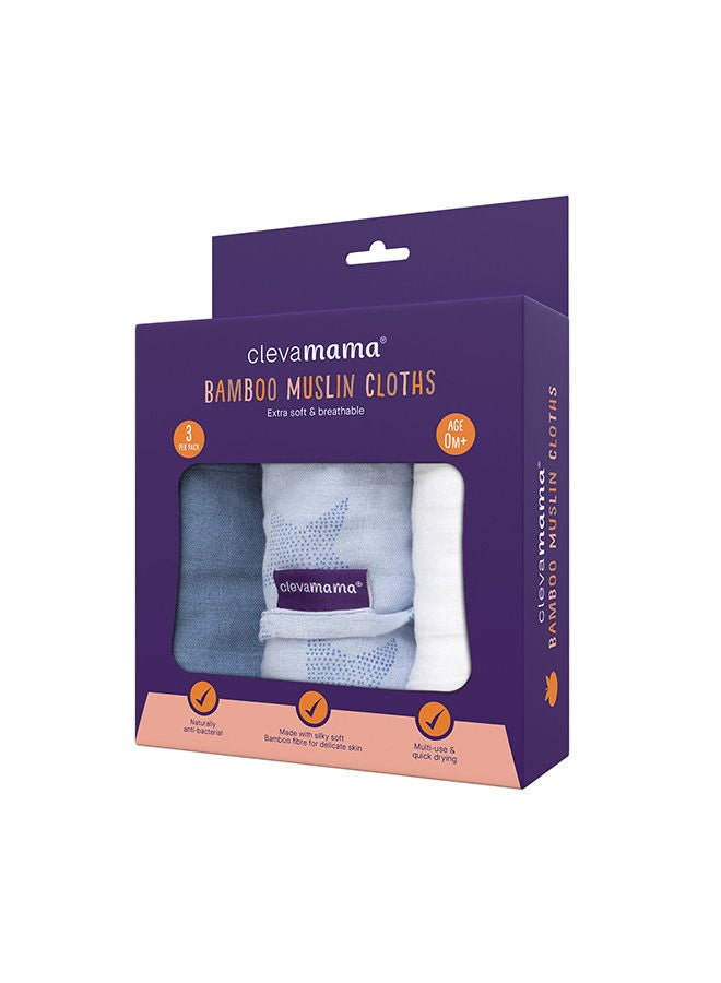 Clevamama 3 Piece Muslin Cloth Set Super Soft Bamboo And Cotton Blue - Image 2