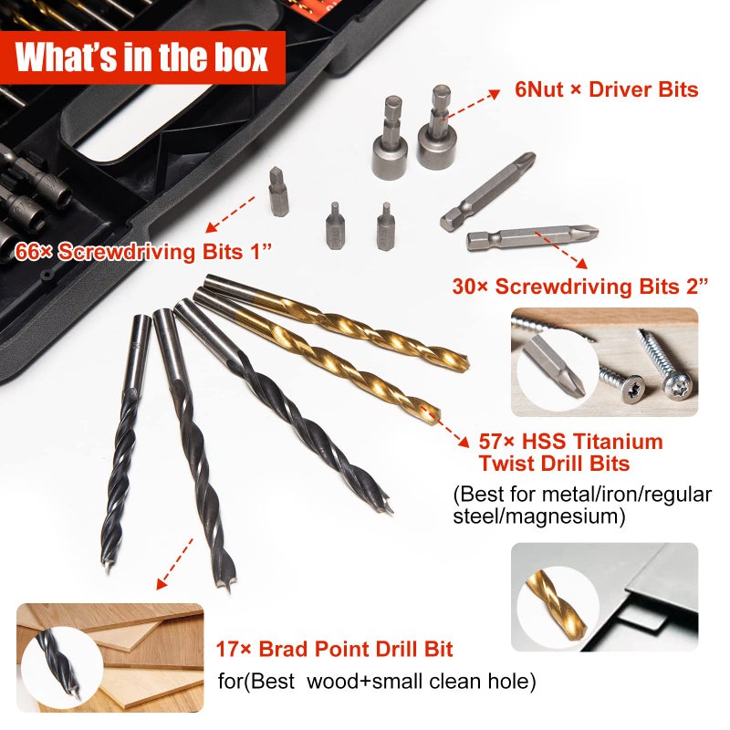 ETERNA Drill Bit Set, 246 PCS Titanium HSS Drill Bit Kit Screwdriver Bit Kit, with Carry Case for Metal, Masonry, Wood, Plastics Cement Drilling - Image 5