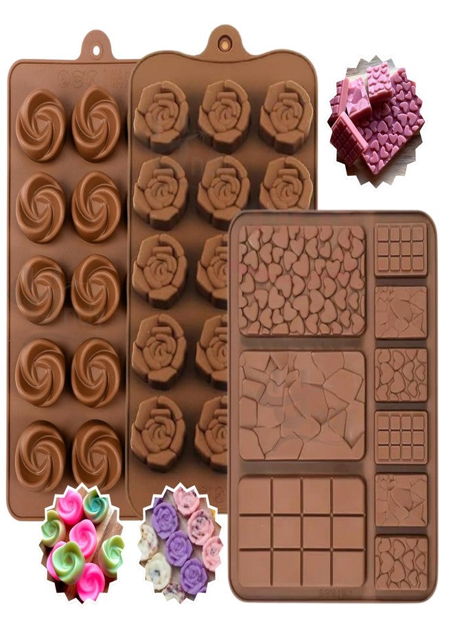 Undy Chocolate Mould Silicone Rose Rectangle Bars Break Apart Shape Chocolate Mould for Chocolate Making Multipurpose Jelly Ice Cubes Cake Decoration Tools, 3 PCS, Brown - Image 1