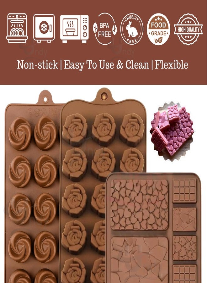 Undy Chocolate Mould Silicone Rose Rectangle Bars Break Apart Shape Chocolate Mould for Chocolate Making Multipurpose Jelly Ice Cubes Cake Decoration Tools, 3 PCS, Brown - Image 3
