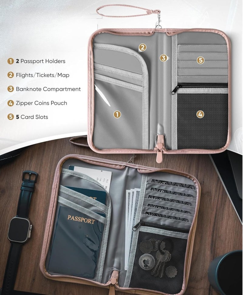 POPCUBE Large Polyester Travel Passport Cover for Men & Women with RFID Blocking- Family Passport Holder (25cm x 14cm x 2.8cm)- Passport Pouch with Removable Hand Strap. (Peach) - Image 2