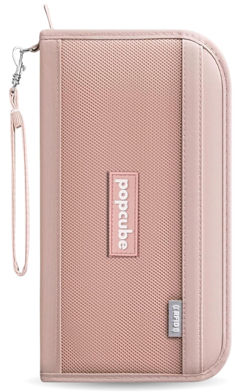 POPCUBE Large Polyester Travel Passport Cover for Men & Women with RFID Blocking- Family Passport Holder (25cm x 14cm x 2.8cm)- Passport Pouch with Removable Hand Strap. (Peach) - Image 1