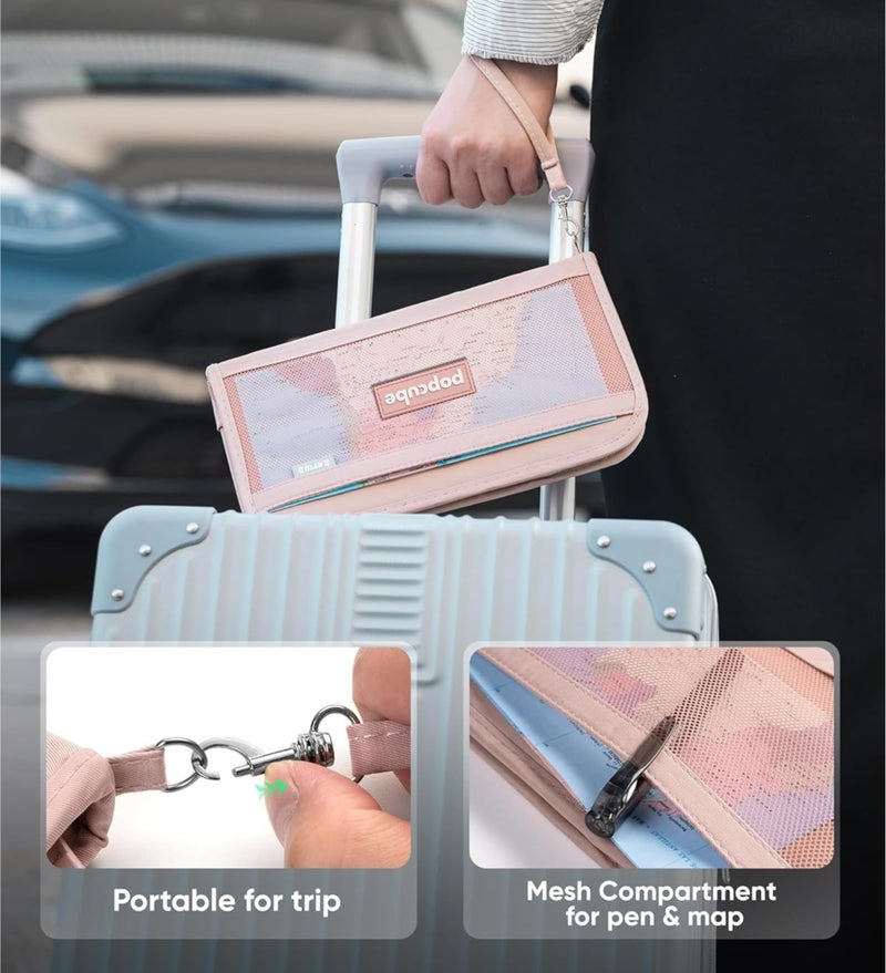 POPCUBE Large Polyester Travel Passport Cover for Men & Women with RFID Blocking- Family Passport Holder (25cm x 14cm x 2.8cm)- Passport Pouch with Removable Hand Strap. (Peach) - Image 3