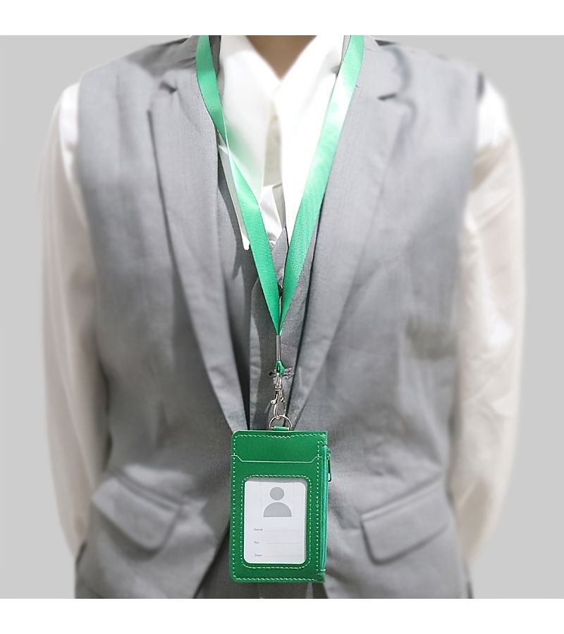 Premium Faux Leather Green Zippered ID Badge Holder With Multiple Card Slots And Lanyard For Office Use - Image 5