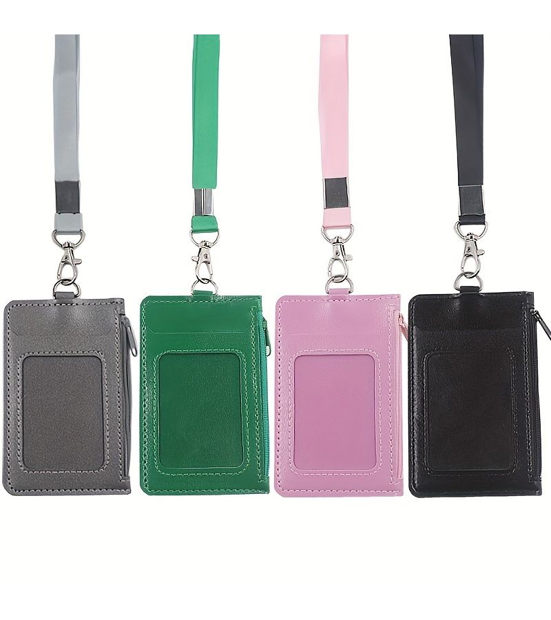 Premium Faux Leather Green Zippered ID Badge Holder With Multiple Card Slots And Lanyard For Office Use - Image 1