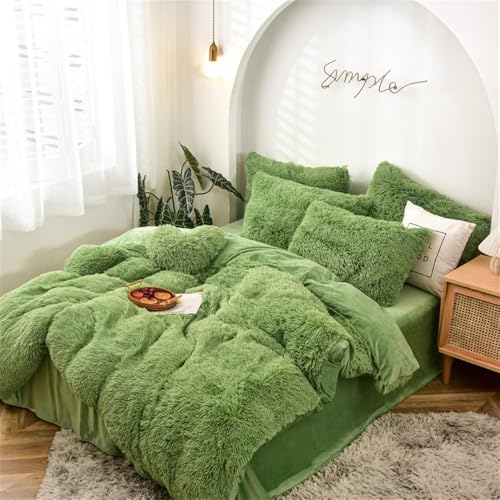 Gusuhome Fluffy Duvet Cover Set Full Size Green Ultra Soft Shaggy Fluffy Comforter Cover Set Fuzzy Quilt Cover Set Bedding Set 3Pcs (1Duvet Cover + 2Pillow Shams) with Zipper Closure Avocado Green - Image 3