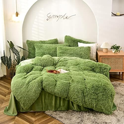 Gusuhome Fluffy Duvet Cover Set Full Size Green Ultra Soft Shaggy Fluffy Comforter Cover Set Fuzzy Quilt Cover Set Bedding Set 3Pcs (1Duvet Cover + 2Pillow Shams) with Zipper Closure Avocado Green - Image 1