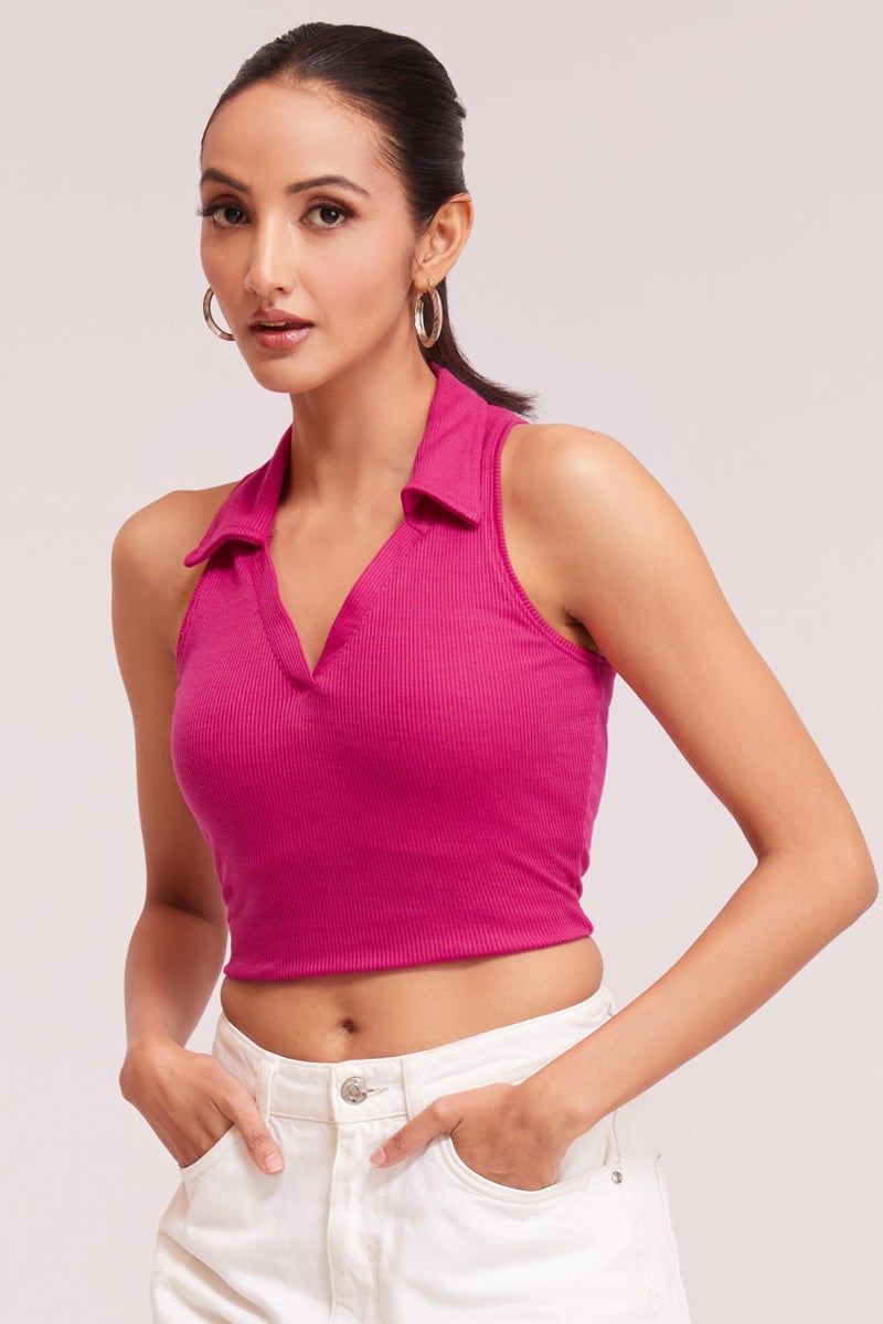 Berry&Bird BERRY BIRD® Stylish Sleeveless V-Neck Slim Fit Collar Ribbed Knit Tank Crop Tops for Women & Girls Beach and Gym Wear and Western Trendy Fashion Pink - Image 3