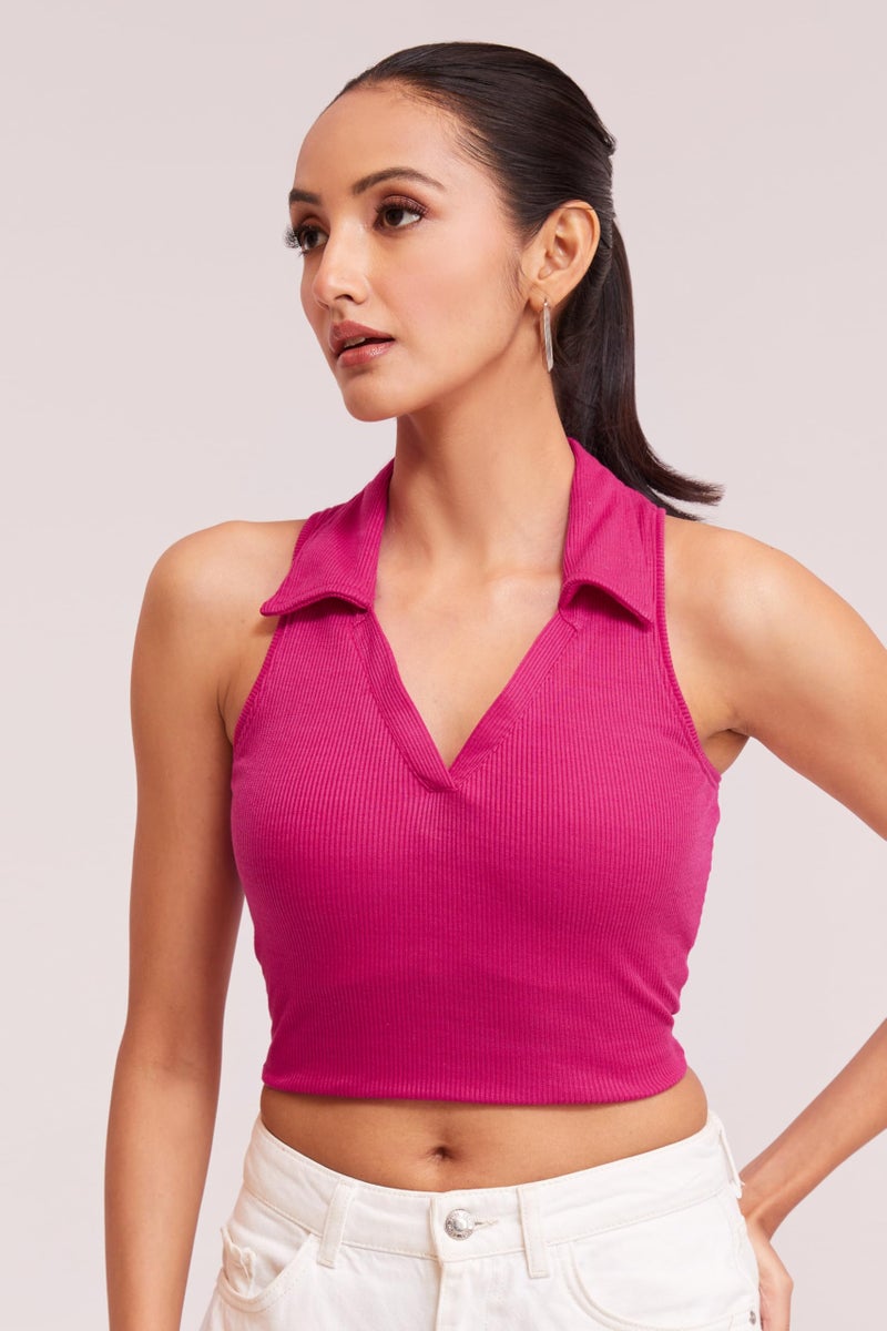 Berry&Bird BERRY BIRD® Stylish Sleeveless V-Neck Slim Fit Collar Ribbed Knit Tank Crop Tops for Women & Girls Beach and Gym Wear and Western Trendy Fashion Pink - Image 5