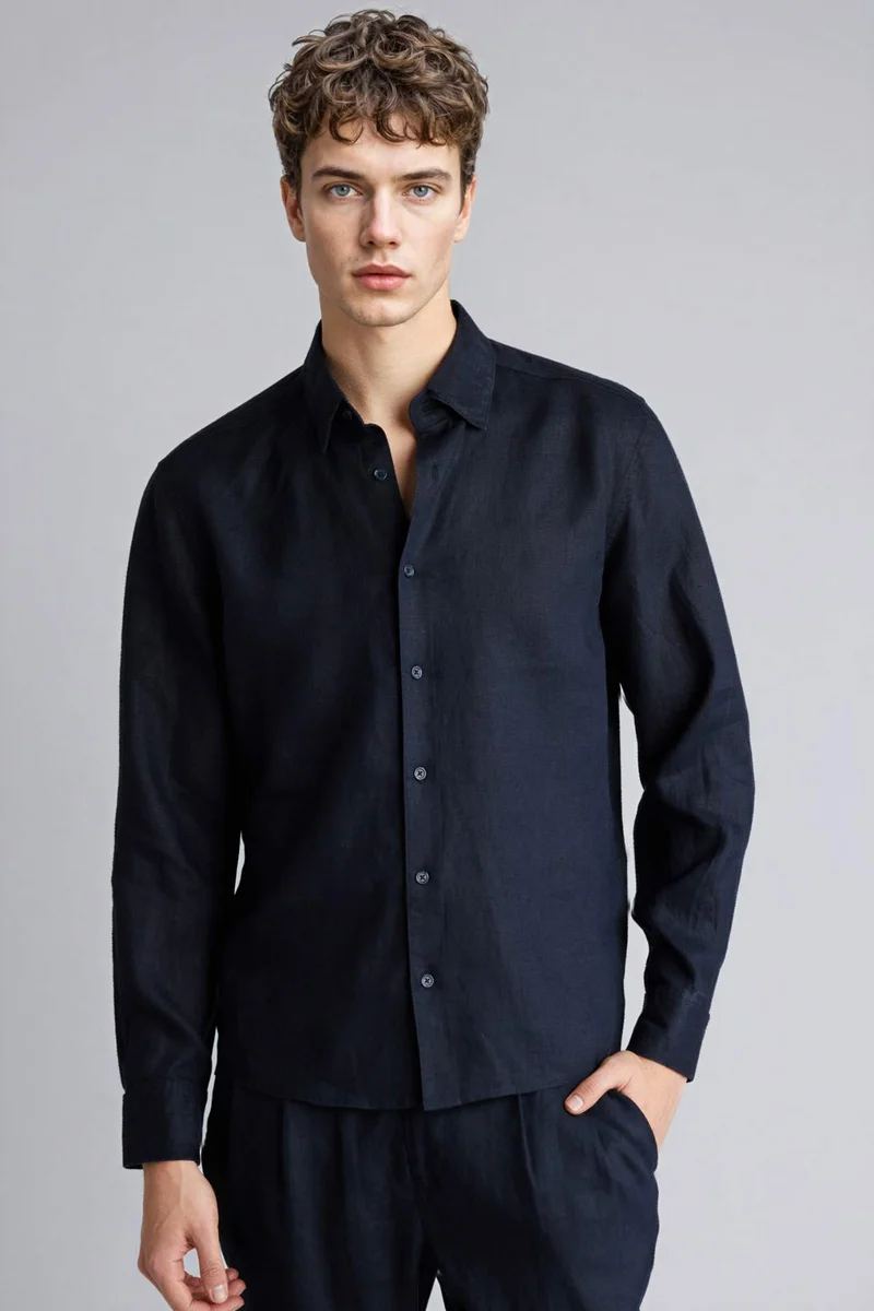 ديفاكتو Regular Fit Long-sleeve Linen Shirt