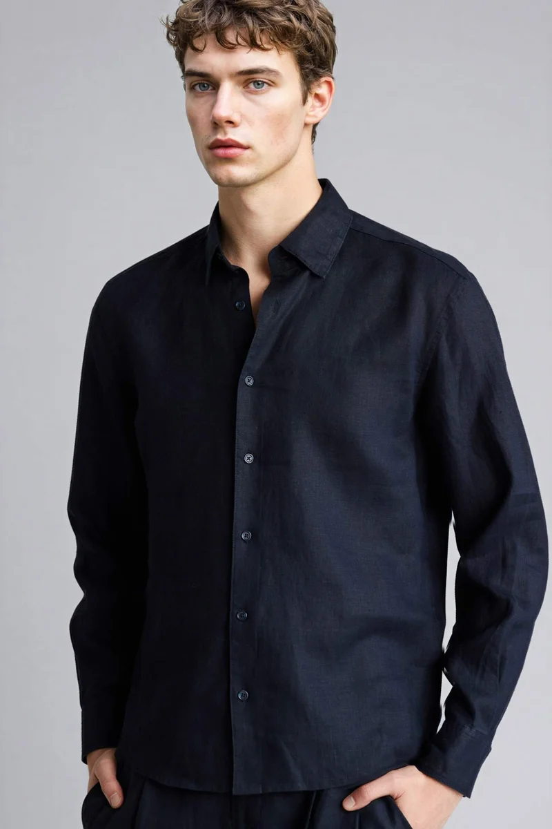 ديفاكتو Regular Fit Long-sleeve Linen Shirt