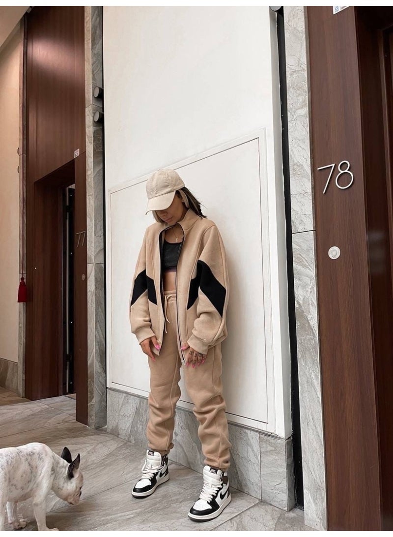 NIBEMINENT Fashion Sports Suit For Women Autumn Winter  Casual Zipper Long Sleeve Splicing Sweatshirt High Waist Trousers 2 Piece Set - Image 3