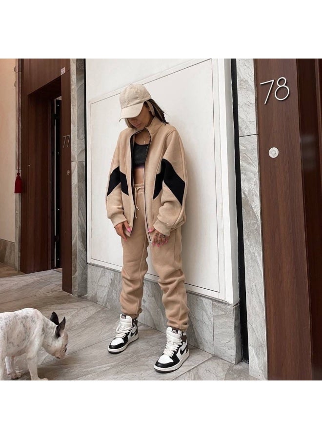 NIBEMINENT Fashion Sports Suit For Women Autumn Winter  Casual Zipper Long Sleeve Splicing Sweatshirt High Waist Trousers 2 Piece Set - Image 2