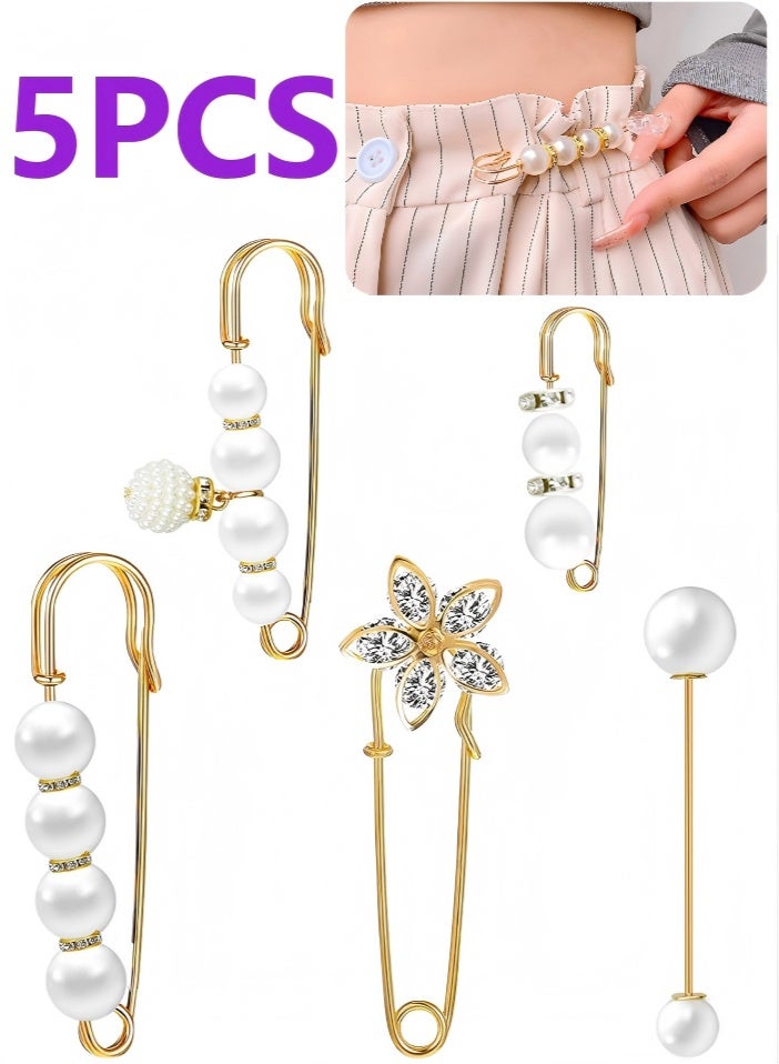 5 Pieces Pearl Brooch Safety Pins for Clothes Safety Pin for Women Fashion Sweater Shawl Collar Dresses Cardigan Clips Faux Crystal Pearl Brooches Set for Girls Jewelry Decoration Accessories (Gold) - Image 1
