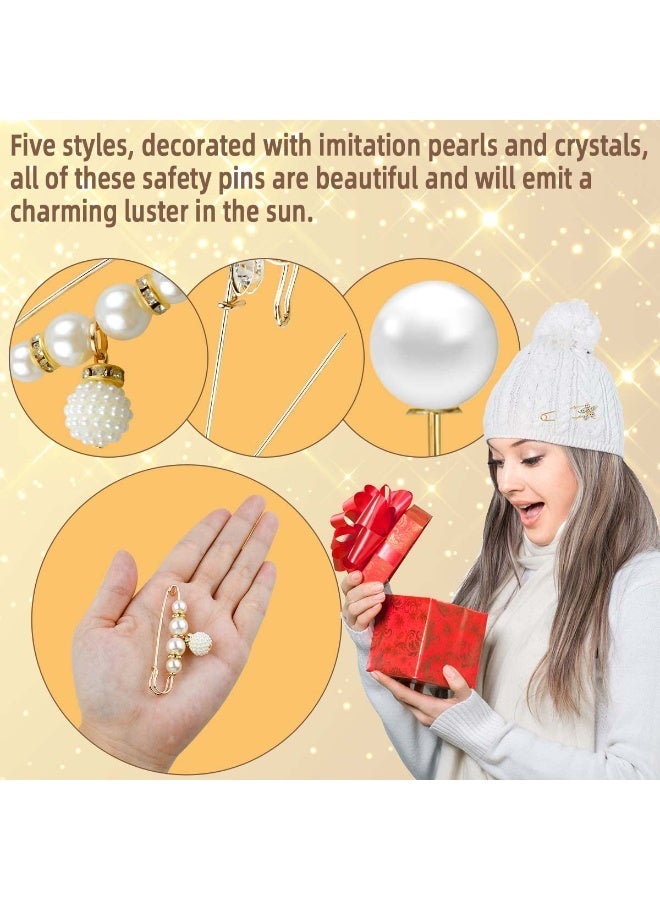5 Pieces Pearl Brooch Safety Pins for Clothes Safety Pin for Women Fashion Sweater Shawl Collar Dresses Cardigan Clips Faux Crystal Pearl Brooches Set for Girls Jewelry Decoration Accessories (Gold) - Image 2