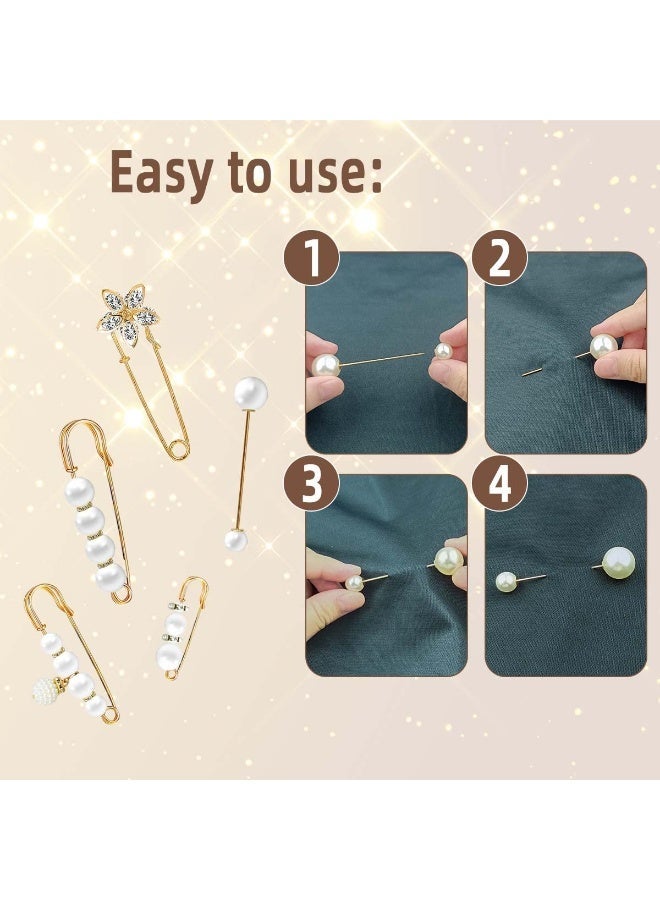 5 Pieces Pearl Brooch Safety Pins for Clothes Safety Pin for Women Fashion Sweater Shawl Collar Dresses Cardigan Clips Faux Crystal Pearl Brooches Set for Girls Jewelry Decoration Accessories (Gold) - Image 4