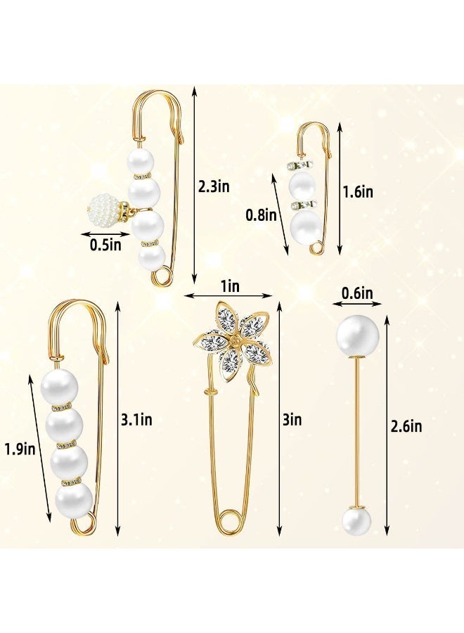 5 Pieces Pearl Brooch Safety Pins for Clothes Safety Pin for Women Fashion Sweater Shawl Collar Dresses Cardigan Clips Faux Crystal Pearl Brooches Set for Girls Jewelry Decoration Accessories (Gold) - Image 5