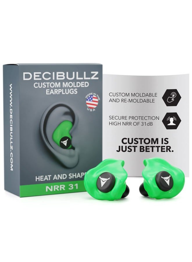 Decibullz Custom Molded Earplugs, 31dB Highest NRR, Comfortable Hearing Protection for Shooting, Travel, Work and Concerts (Green)… - Image 1
