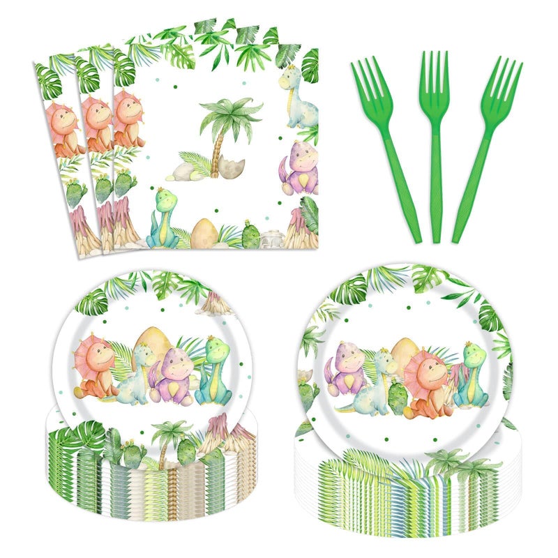 Vanulus 96 Pieces Dinosaur Birthday Party Decorations Supplies Dinosaur Baby Shower Party Tableware Set Watercolor Dino Baby Shower Birthday Party Dessert Plates Napkins Forks for 24 Guests - Image 1