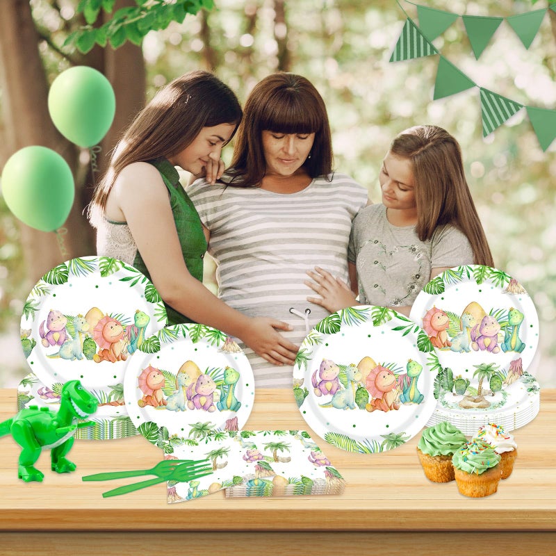 Vanulus 96 Pieces Dinosaur Birthday Party Decorations Supplies Dinosaur Baby Shower Party Tableware Set Watercolor Dino Baby Shower Birthday Party Dessert Plates Napkins Forks for 24 Guests - Image 5
