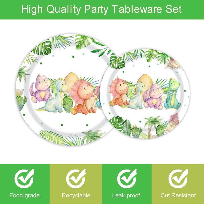 Vanulus 96 Pieces Dinosaur Birthday Party Decorations Supplies Dinosaur Baby Shower Party Tableware Set Watercolor Dino Baby Shower Birthday Party Dessert Plates Napkins Forks for 24 Guests - Image 3