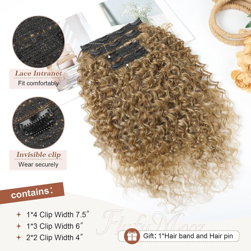 Flufymooz Clip in Hair Extensions, 4PC 100％ Pure Protein Silk Hair Extensions Long Soft Natural Hairpiece 20 Inch Curly Hair Extension for Women (Dark Blonde to Light Brown) - Image 4