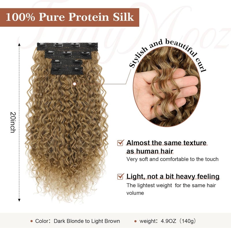 Flufymooz Clip in Hair Extensions, 4PC 100％ Pure Protein Silk Hair Extensions Long Soft Natural Hairpiece 20 Inch Curly Hair Extension for Women (Dark Blonde to Light Brown) - Image 2