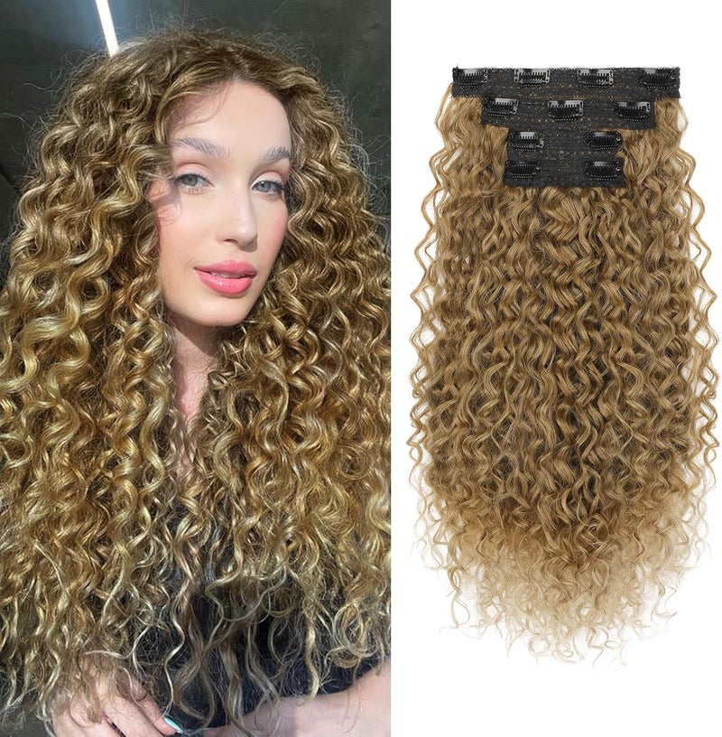 Flufymooz Clip in Hair Extensions, 4PC 100％ Pure Protein Silk Hair Extensions Long Soft Natural Hairpiece 20 Inch Curly Hair Extension for Women (Dark Blonde to Light Brown) - Image 1