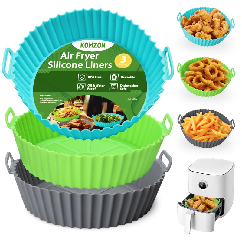 Komzon 3 Pack Air Fryer Silicone Liners 8Inch Airfryer Liners AirFryer Basket Liner Reusable Food Grade Air Fryers Basket Pots Oven Liner Baking Tray Air Fryer Silicone Mat Accessories Kitchen