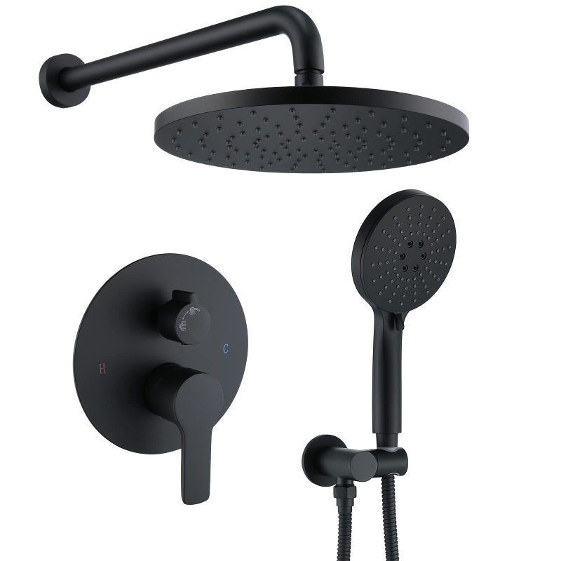 Iriber Shower System Wall Mounted Shower Faucet Mixer Set with Luxury High Pressure Shower head and 3Setting Handheld Bathroom Shower Trim Kit Contain Pressure Balance Valve Matte black