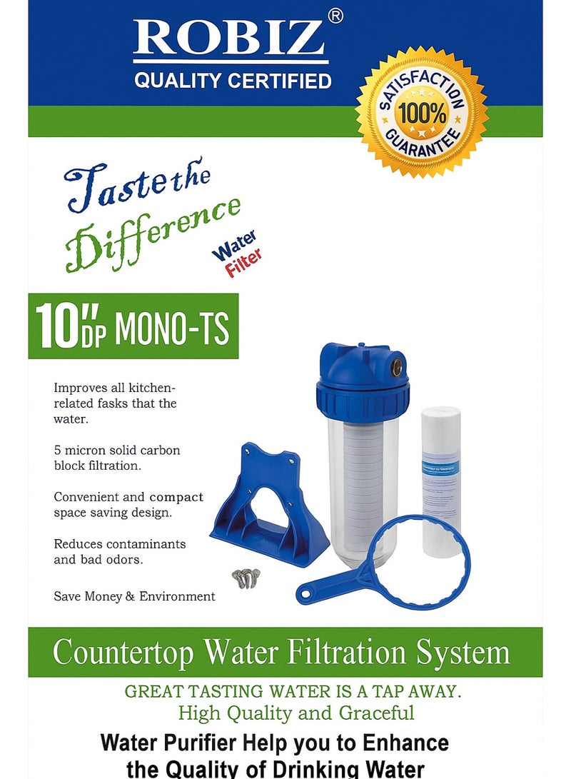 ROBIZ نظام ترشيح المياه على السطح بقطر 10 بوصات - فلتر كربون صلب بميكرون 5، تصميم مدمج، يحسن الطعم ويقلل الروائح - سهل التركيب لتنقية المياه في المنزل - Image 1
