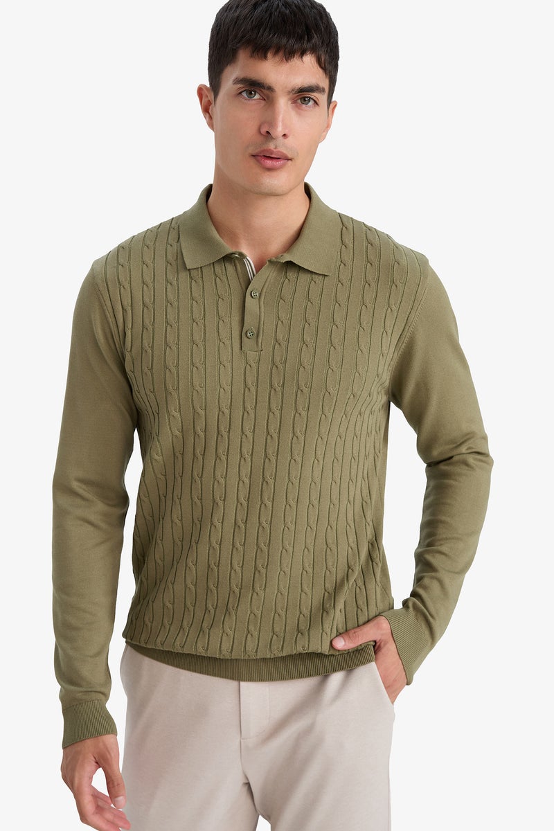DeFacto Green Man Standard Fit Polo Collar Knitwear Pullover Casual - Image 1