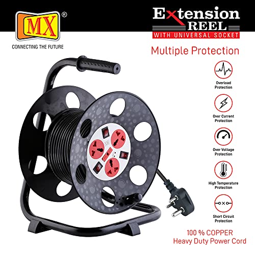 MX 50 m Retractable Extension Cable Reel | 3 Universal Sockets with Individual Switches, 3-Pin Plug, 5 A Current, Overload Protection, Portable Carry Handle for Home & Workshop Use - Image 4