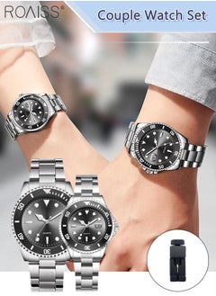 roaiss Stainless Steel Strap Couple Quartz Watch Set, Analog Display Round Dial with Rotatable Bezel, Luminous Waterproof Calendar Watch Gift for Men Women  - Image 1