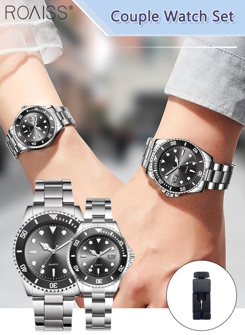Stainless Steel Strap Couple Quartz Watch Set, Analog Display Round Dial with Rotatable Bezel, Luminous Waterproof Calendar Watch Gift for Men Women