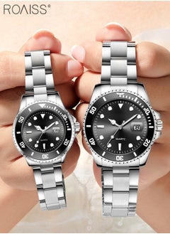 roaiss Stainless Steel Strap Couple Quartz Watch Set, Analog Display Round Dial with Rotatable Bezel, Luminous Waterproof Calendar Watch Gift for Men Women  - Image 2