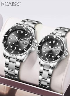 roaiss Stainless Steel Strap Couple Quartz Watch Set, Analog Display Round Dial with Rotatable Bezel, Luminous Waterproof Calendar Watch Gift for Men Women  - Image 3