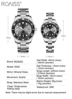 roaiss Stainless Steel Strap Couple Quartz Watch Set, Analog Display Round Dial with Rotatable Bezel, Luminous Waterproof Calendar Watch Gift for Men Women  - Image 4