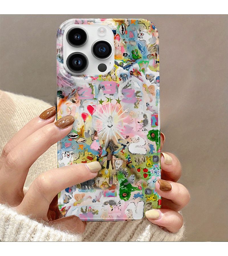 غلاف هاتف بتصميم كارتوني ساحر وفني لهاتف iPhone 13 Mini بألوان مختلطة، يوفر حماية شاملة من الصدمات مع نقش حيوي وواقعي. - Image 1
