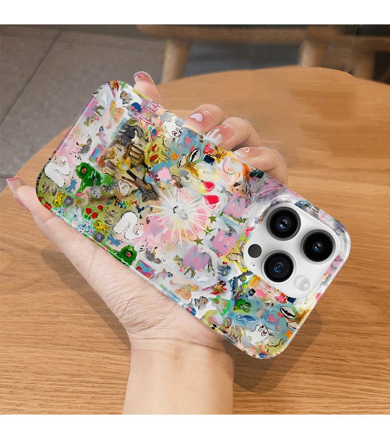 غلاف هاتف بتصميم كارتوني ساحر وفني لهاتف iPhone 13 Mini بألوان مختلطة، يوفر حماية شاملة من الصدمات مع نقش حيوي وواقعي. - Image 2