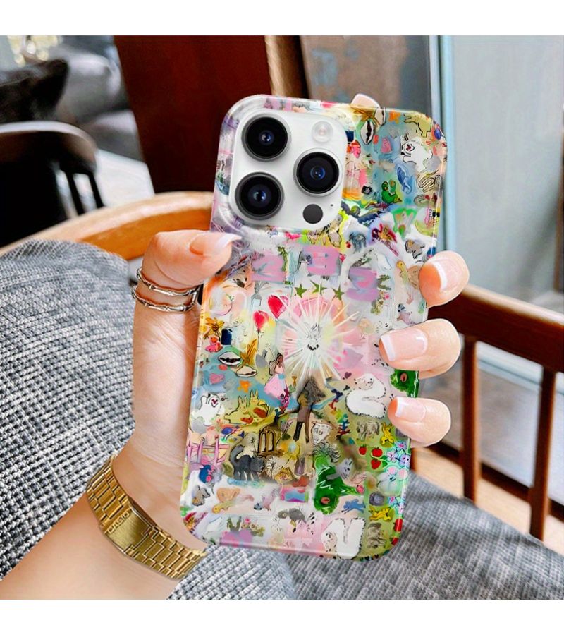 غلاف هاتف بتصميم كارتوني ساحر وفني لهاتف iPhone 13 Mini بألوان مختلطة، يوفر حماية شاملة من الصدمات مع نقش حيوي وواقعي. - Image 3