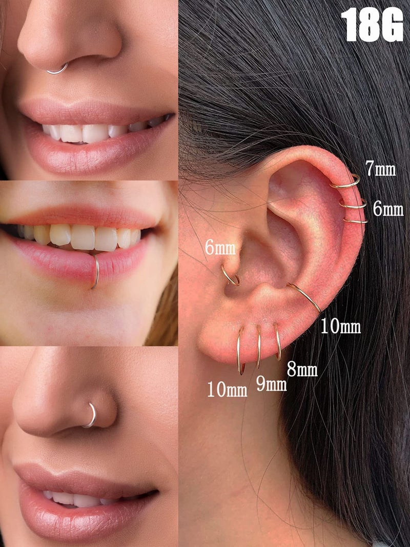 Earmark Silver Hoop Nose Ring 18G , Surgical Stainless Steel 18 Gauge Small Hinged Segment Nose Rings Septum Clicker Nostril Piercing Jewelry, Mini Endless Seamless Sleeper Hoops Tiny Thin Huggie Hoop Earrings Set for Cartilage Helix Daith Tragus (7/8/9mm) - Image 3