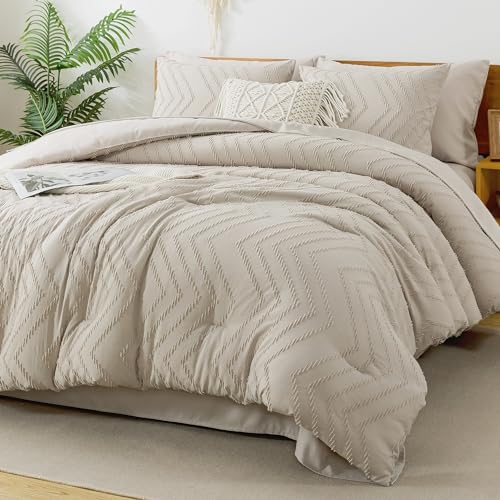 Litanika Queen Comforter Set with Sheets Beige - 7 Pieces Bed in a Bag Queen Chevron Tufted Complete Bedding Sets with Comforter, Sheets, Pillowcases & Shams - Image 1